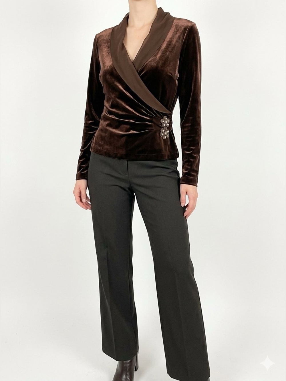 Cachet Chocolate Brown Velvet Wrap blouse with Brooch Accents